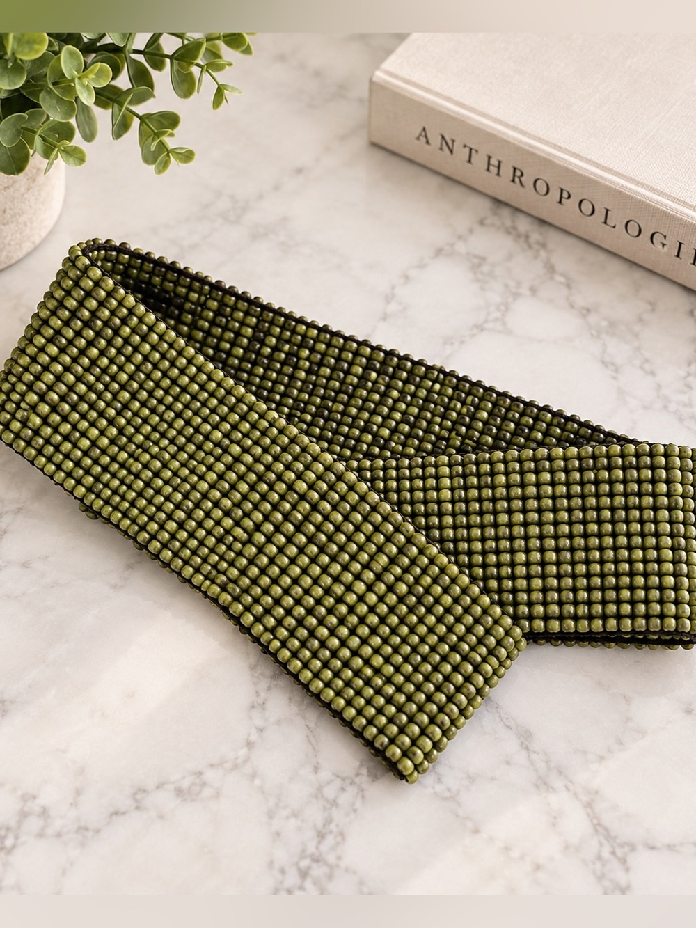 Anthropologie Olive Green Beaded Waist Belt